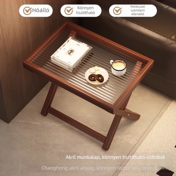 Összecsukható bambusz oldalsó asztal acryl felülettel – modern, minimalista stílus, bambusz keret, MDF panel, notebook-kompatibilis