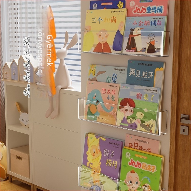 Fúrás nélküli falra szerelhető tároló, műanyagból, egy szintes, gyerekeknek szánt képeskönyvek, magazinok és CD-k