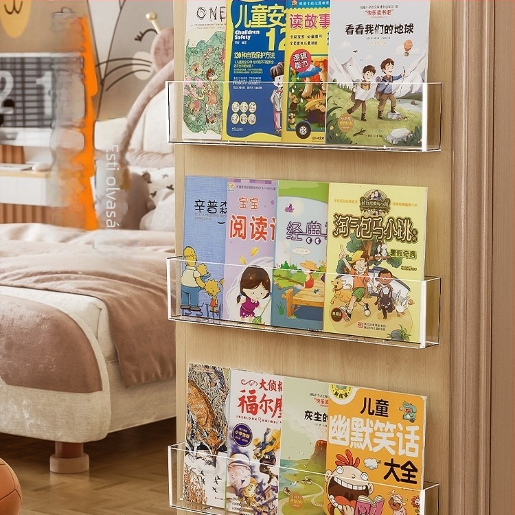 Fúrás nélküli falra szerelhető tároló, műanyagból, egy szintes, gyerekeknek szánt képeskönyvek, magazinok és CD-k