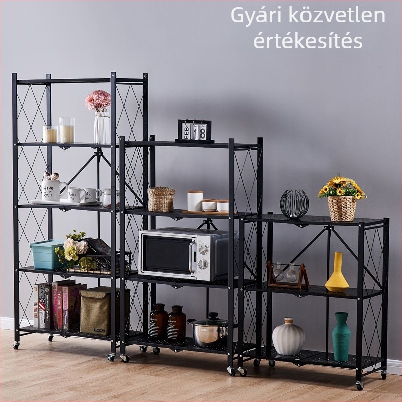 Szénacél tárolóállvány, 5 szint, padlón álló, összecsukható, hordozható, modern minimalista kialakítás