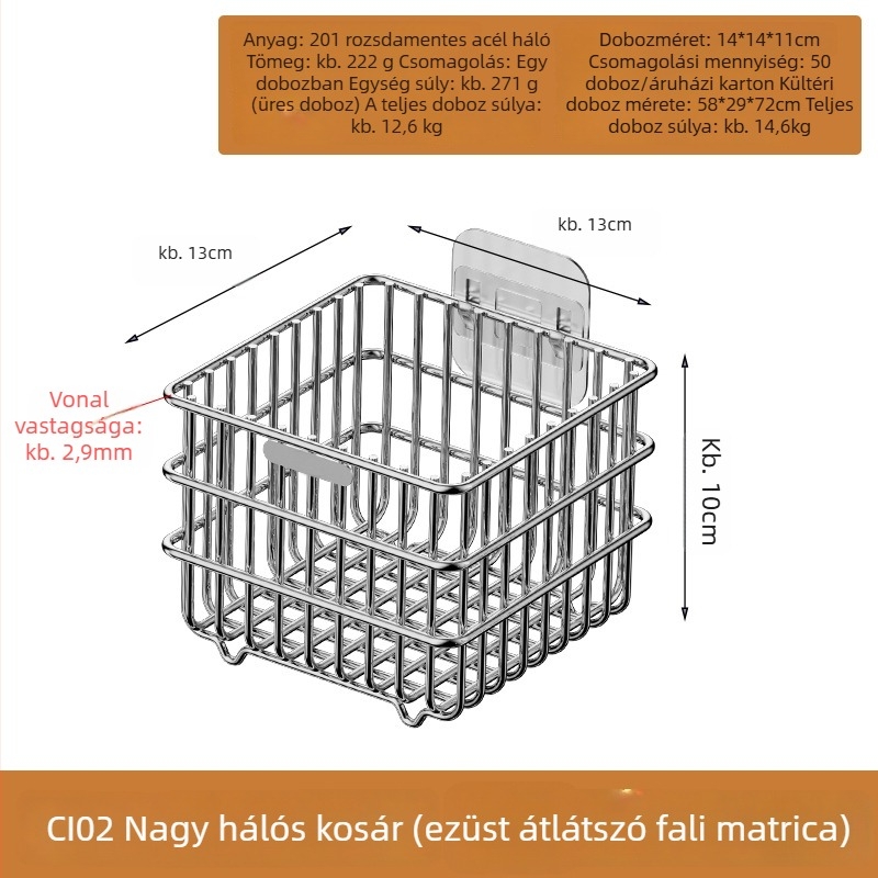 Rozsdamentes acél falra szerelhető konyhai tárolókosár lefolyó funkcióval, zöldségek és gyümölcsök számára, multifunkcionális szervező