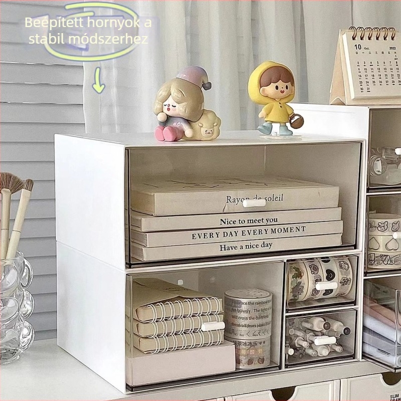 Íróasztali tároló doboz – porálló, fiókos, halmozható, műanyag, 18 L, modell JG, kockás minta, japán stílus, nyomtatott logó