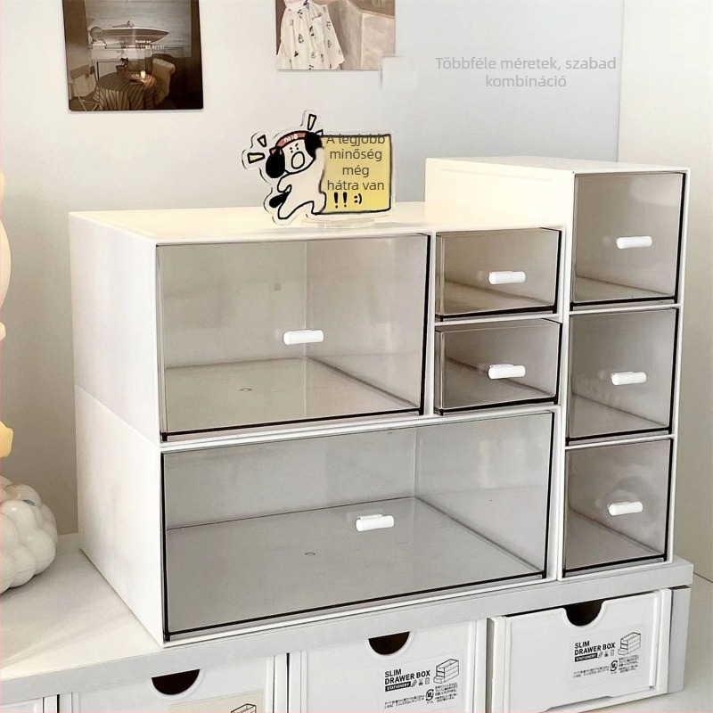 Íróasztali tároló doboz – porálló, fiókos, halmozható, műanyag, 18 L, modell JG, kockás minta, japán stílus, nyomtatott logó