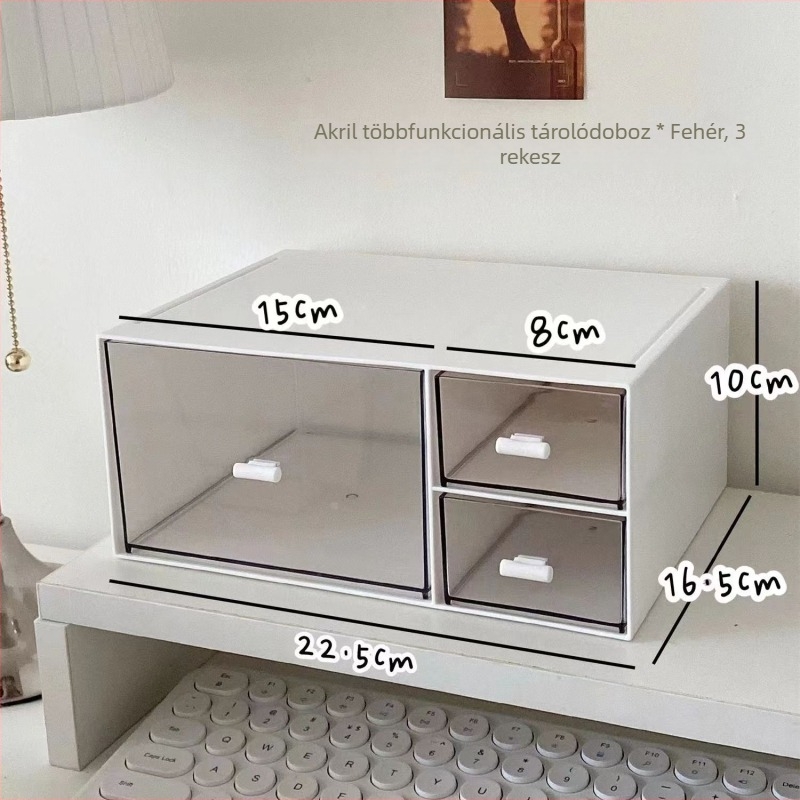 Íróasztali tároló doboz – porálló, fiókos, halmozható, műanyag, 18 L, modell JG, kockás minta, japán stílus, nyomtatott logó
