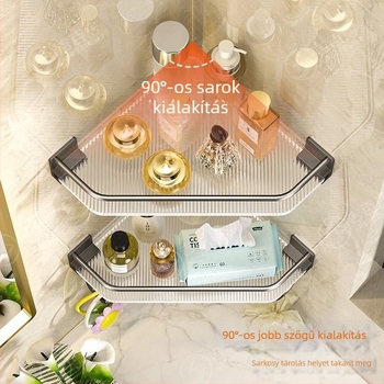 Háromszög alakú fürdőszobai falra szerelhető polc, fúrás nélkül, 10 kg teherbírású, anyag: műanyag + alumínium, forma: ventilátor-sarok, 1 szint, felület: injekciós öntés + sütőfestés