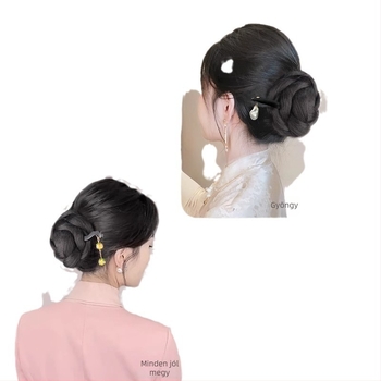 Női Meatball bun paróka, hátul felhajtott updo, hajtásos tok és hajtű, hőálló huzalból, nem festhető, modell: Meatball Head, kínai ősi stílus ihletésében