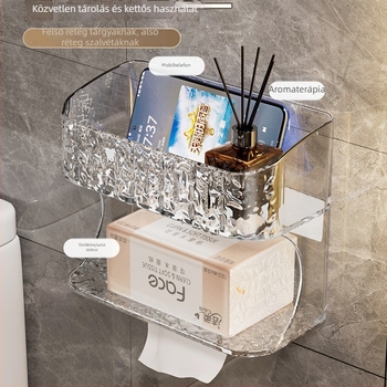 Fürdőszobai falra szerelhető tároló — négyzet alakú műanyag, modern minimál stílus, a WC-papír, nedves törlőkendő, női higiéniai betétek és telefon számára