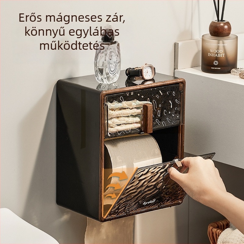 Falihoz rögzített vécépapír-tároló doboz és papírzsebkendő tartó, vízálló, többfunkciós, modell ZJH230912, műanyag
