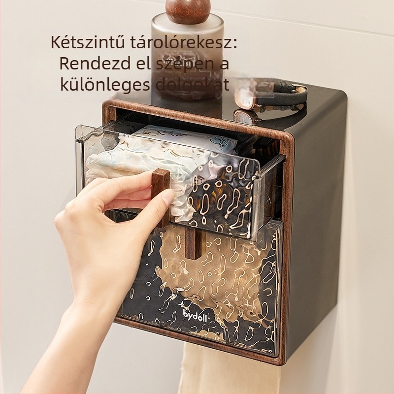 Falihoz rögzített vécépapír-tároló doboz és papírzsebkendő tartó, vízálló, többfunkciós, modell ZJH230912, műanyag