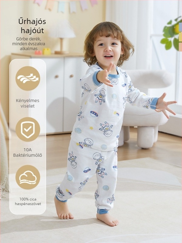 Uniszex gyerek őszi pamut termikus felső és alsó szett, 100% pamut, bolyhosított anyag, antibakteriális, anti-pill, állatmintás