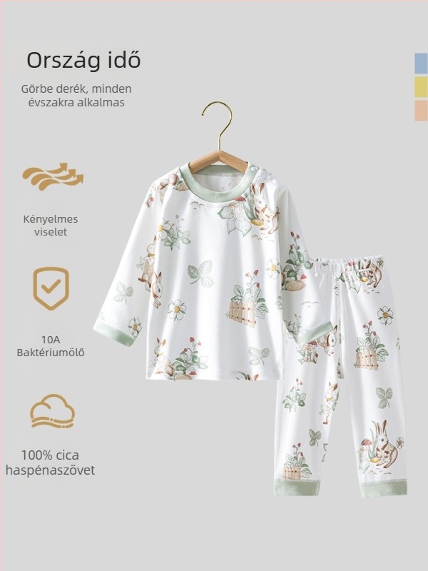 Uniszex gyerek őszi pamut termikus felső és alsó szett, 100% pamut, bolyhosított anyag, antibakteriális, anti-pill, állatmintás