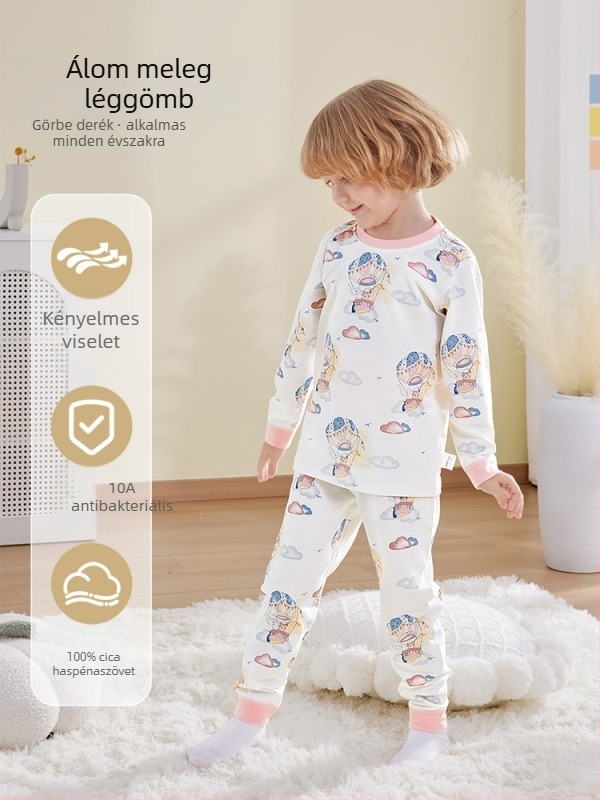 Uniszex gyerek őszi pamut termikus felső és alsó szett, 100% pamut, bolyhosított anyag, antibakteriális, anti-pill, állatmintás