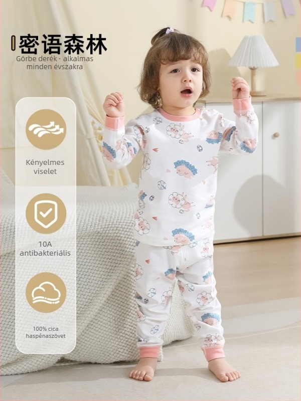 Uniszex gyerek őszi pamut termikus felső és alsó szett, 100% pamut, bolyhosított anyag, antibakteriális, anti-pill, állatmintás