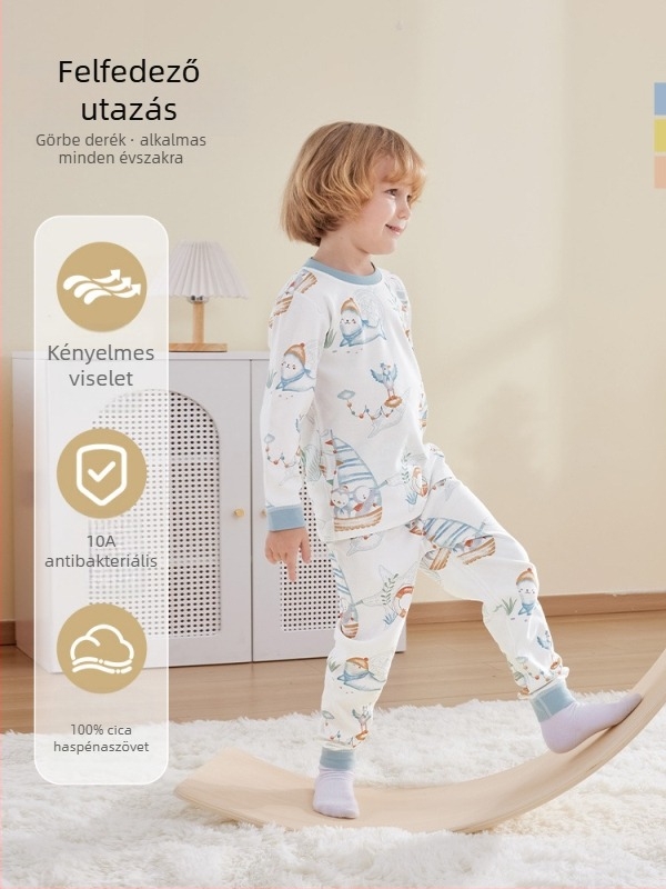 Uniszex gyerek őszi pamut termikus felső és alsó szett, 100% pamut, bolyhosított anyag, antibakteriális, anti-pill, állatmintás