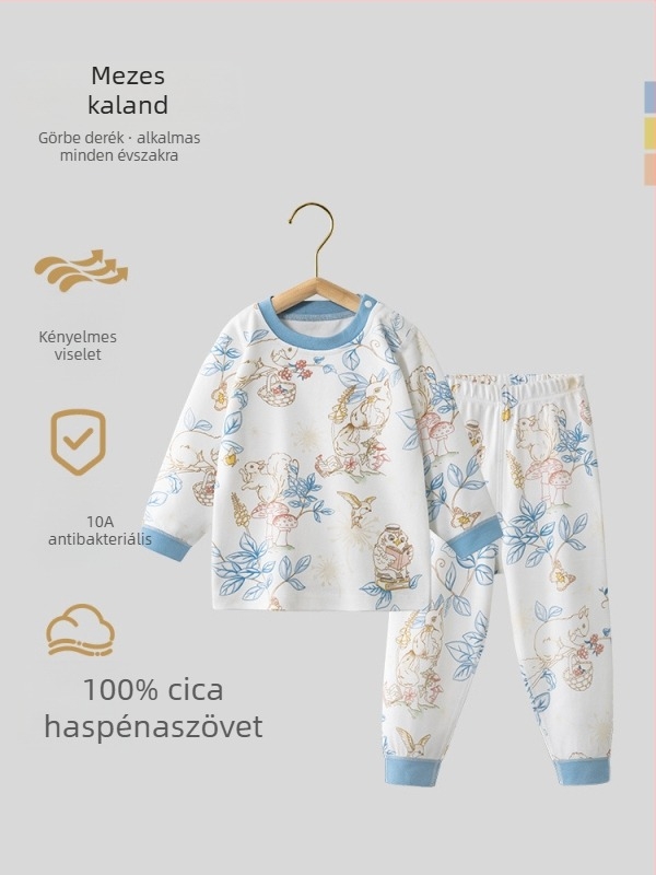 Uniszex gyerek őszi pamut termikus felső és alsó szett, 100% pamut, bolyhosított anyag, antibakteriális, anti-pill, állatmintás