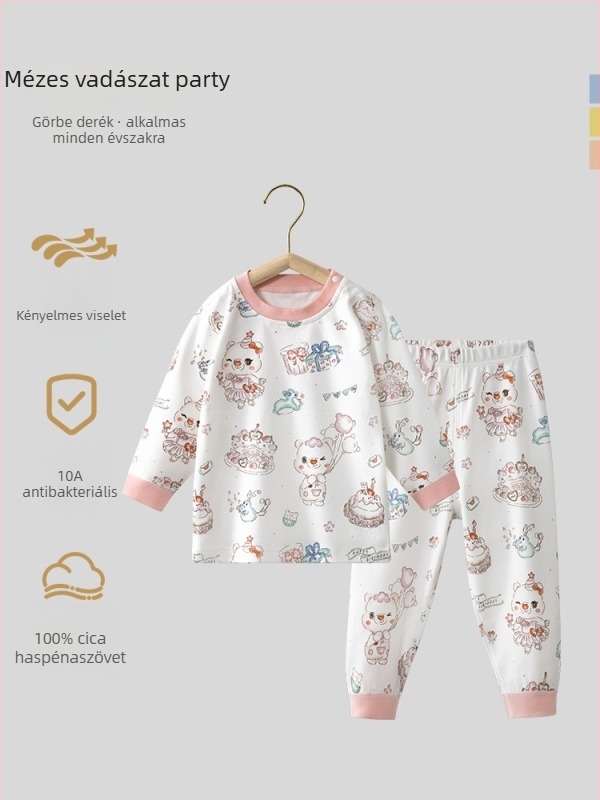 Uniszex gyerek őszi pamut termikus felső és alsó szett, 100% pamut, bolyhosított anyag, antibakteriális, anti-pill, állatmintás