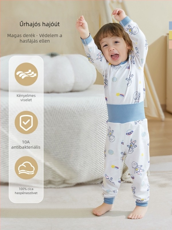 Uniszex gyerek őszi pamut termikus felső és alsó szett, 100% pamut, bolyhosított anyag, antibakteriális, anti-pill, állatmintás