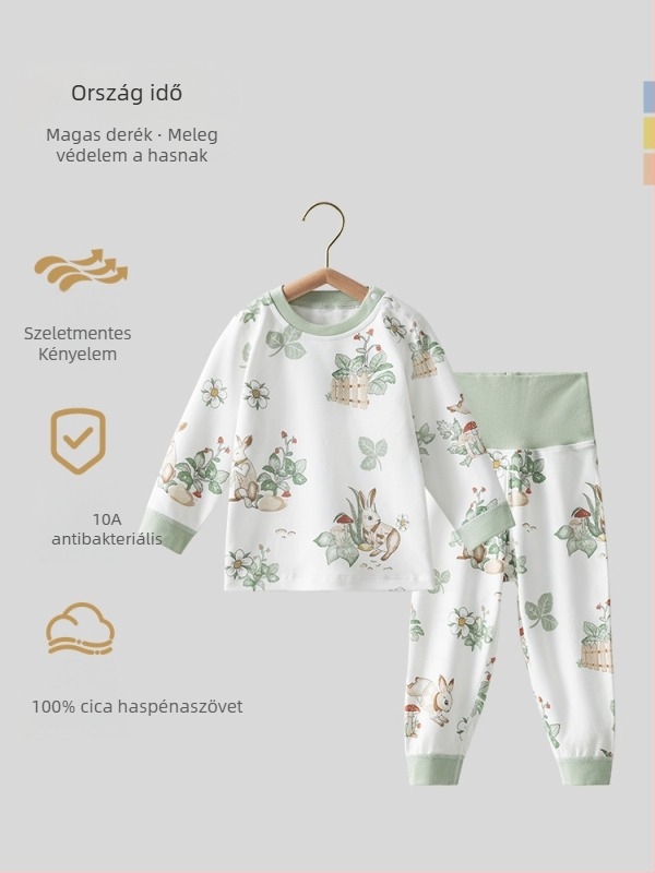 Uniszex gyerek őszi pamut termikus felső és alsó szett, 100% pamut, bolyhosított anyag, antibakteriális, anti-pill, állatmintás
