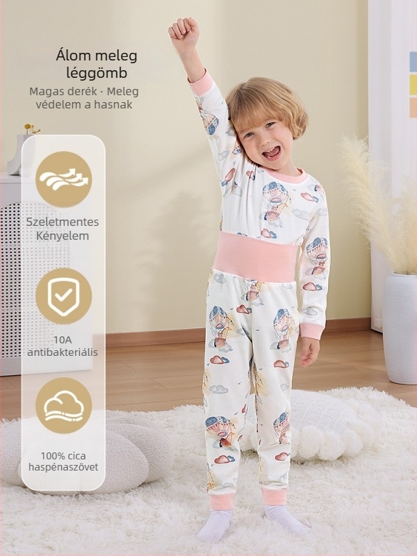 Uniszex gyerek őszi pamut termikus felső és alsó szett, 100% pamut, bolyhosított anyag, antibakteriális, anti-pill, állatmintás