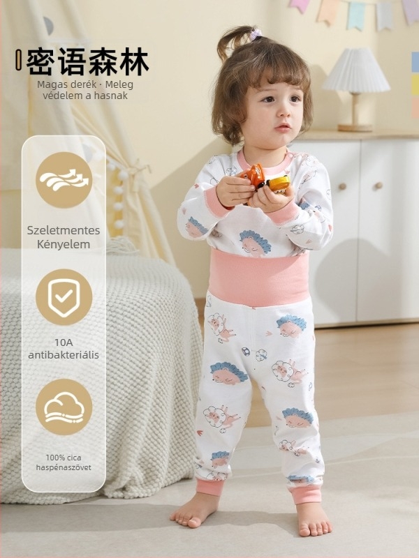 Uniszex gyerek őszi pamut termikus felső és alsó szett, 100% pamut, bolyhosított anyag, antibakteriális, anti-pill, állatmintás