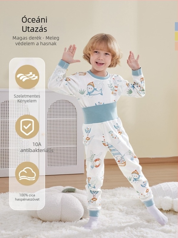 Uniszex gyerek őszi pamut termikus felső és alsó szett, 100% pamut, bolyhosított anyag, antibakteriális, anti-pill, állatmintás