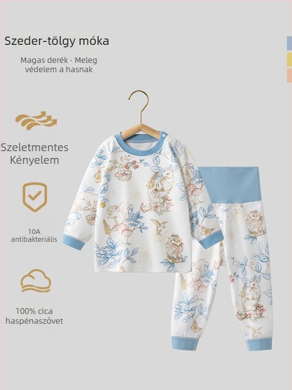 Uniszex gyerek őszi pamut termikus felső és alsó szett, 100% pamut, bolyhosított anyag, antibakteriális, anti-pill, állatmintás