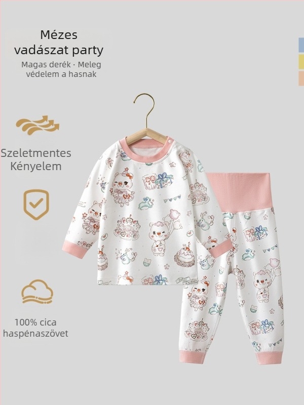 Uniszex gyerek őszi pamut termikus felső és alsó szett, 100% pamut, bolyhosított anyag, antibakteriális, anti-pill, állatmintás