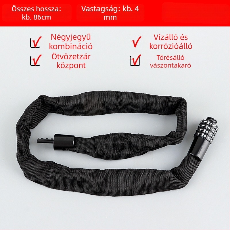4 számjegyű jelszavas kerékpárlánc zár, hordozható, ötvözet acélból, 450 g