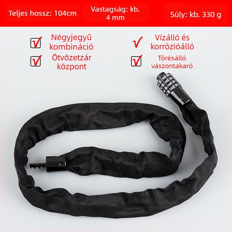 4 számjegyű jelszavas kerékpárlánc zár, hordozható, ötvözet acélból, 450 g