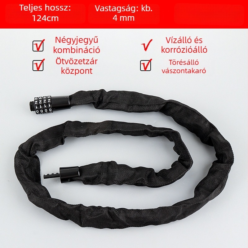 4 számjegyű jelszavas kerékpárlánc zár, hordozható, ötvözet acélból, 450 g