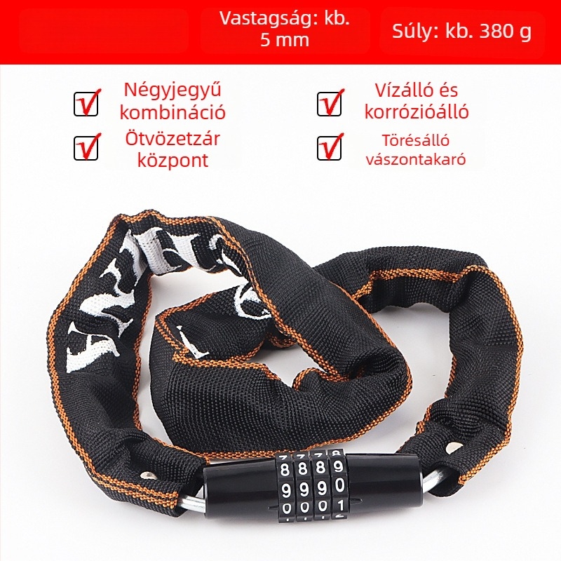 4 számjegyű jelszavas kerékpárlánc zár, hordozható, ötvözet acélból, 450 g