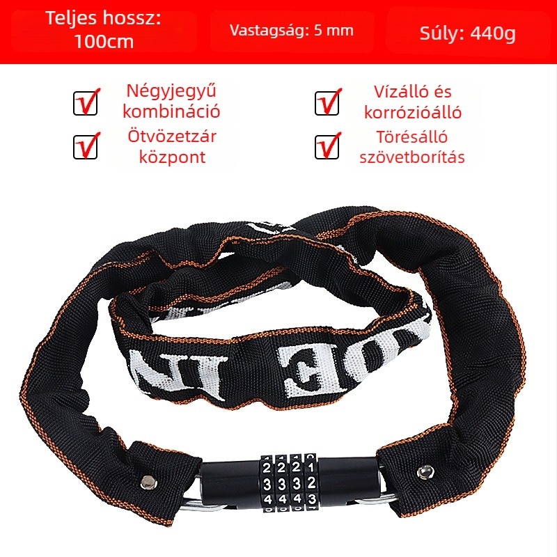4 számjegyű jelszavas kerékpárlánc zár, hordozható, ötvözet acélból, 450 g