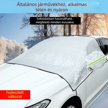Autó első szélvédőjének hóvédő takaró, fagy elleni, alumíniumfólia, univerzális illeszkedés, hevederes felhelyezés