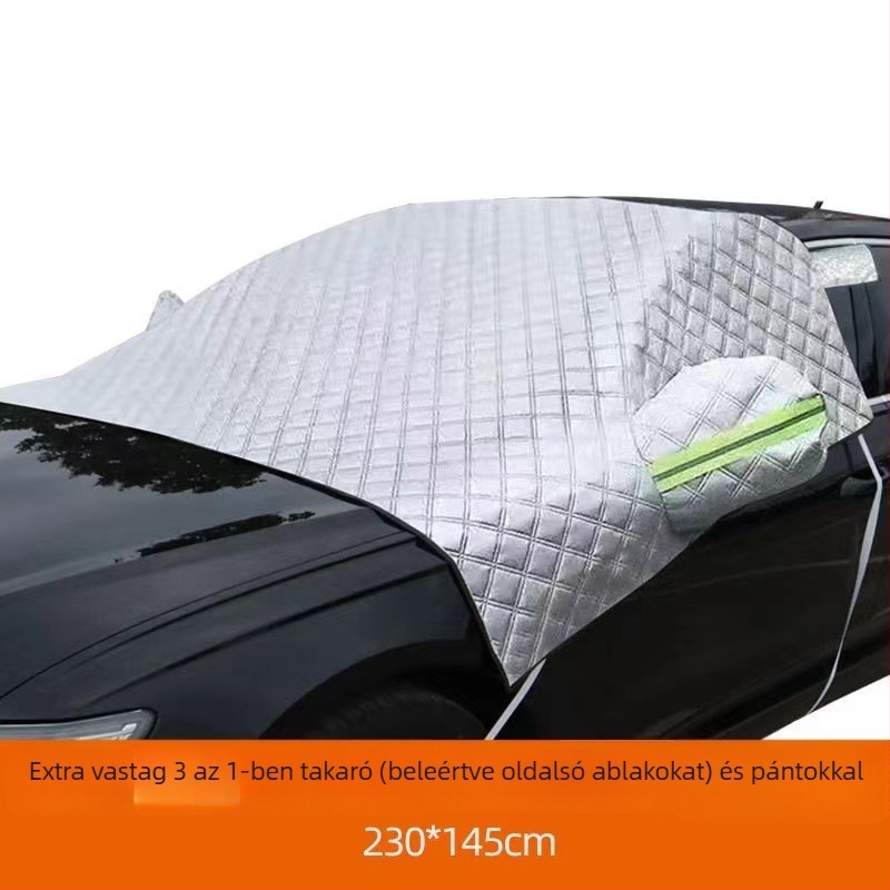 Autó első szélvédőjének hóvédő takaró, fagy elleni, alumíniumfólia, univerzális illeszkedés, hevederes felhelyezés