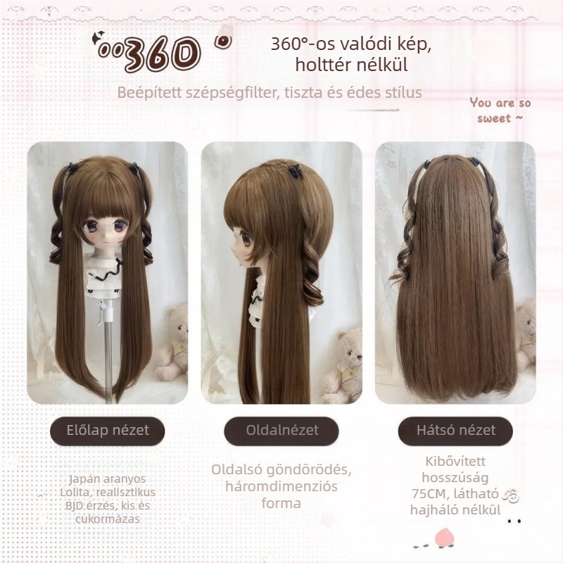 BJD/Lolita paróka – Hosszú, egyenes haj frufruval, hőálló szálból, Koreai stílus, mechanizmusos volumen-növelés