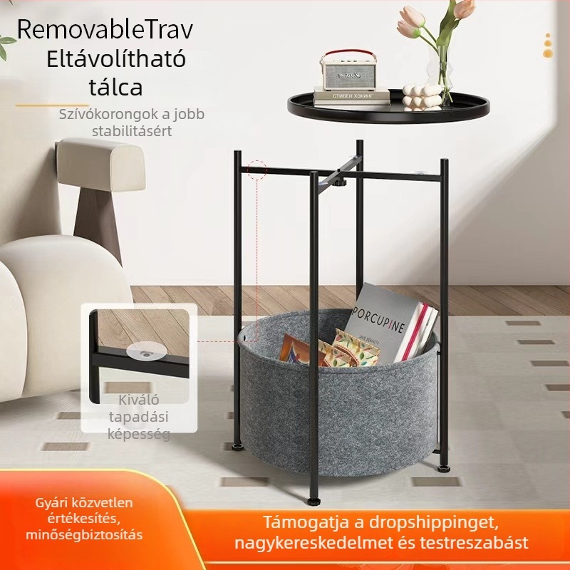 Kanapé melletti kisasztaló, kör alakú vas felülettel, fém szerkezet, tárolóhely, összecsukható