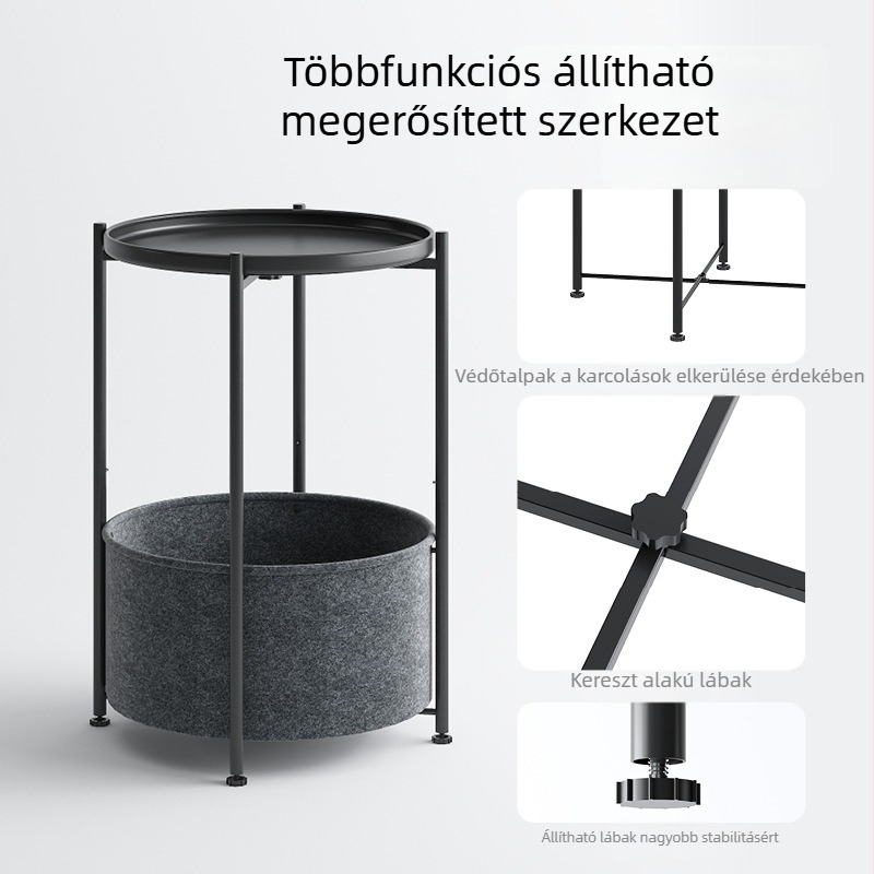 Kanapé melletti kisasztaló, kör alakú vas felülettel, fém szerkezet, tárolóhely, összecsukható