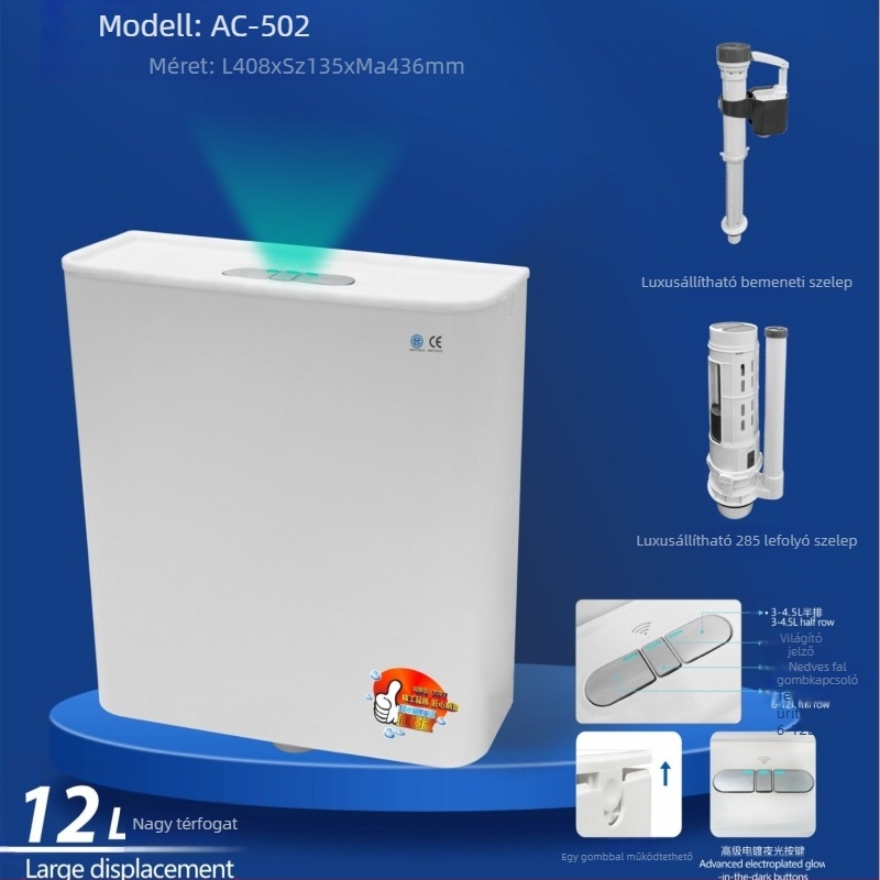 Guggoló WC öblítő tartály, PP anyag, 12L állítható öblítés, kézi nyomógombos vezérlés, talajcsatornás lefolyás