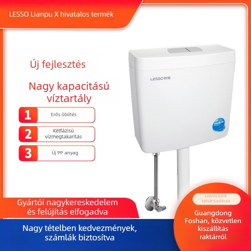 Guggoló WC víztartály, PP anyag, kézi öblítés, 3–6 L kapacitás, talajra történő lefolyás