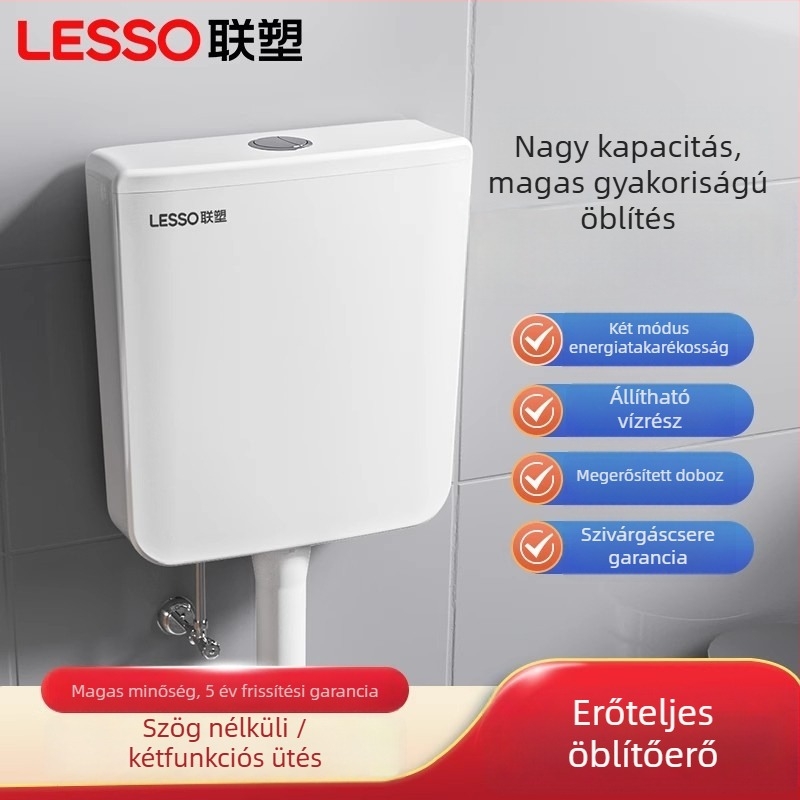 Falihoz szerelt víztartály guggoló WC-hez — PP anyag, 4–7 L öblítés, kézi öblítés, padló felé vezető lefolyás, modell EP02103