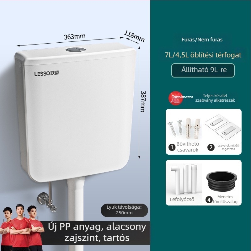 Falihoz szerelt víztartály guggoló WC-hez — PP anyag, 4–7 L öblítés, kézi öblítés, padló felé vezető lefolyás, modell EP02103
