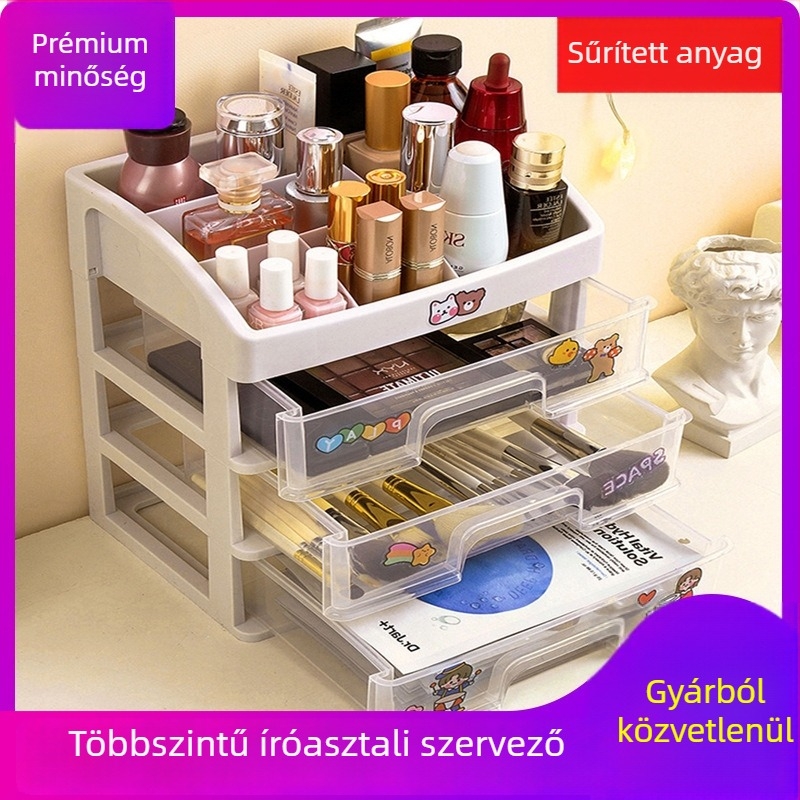 Íróasztali fiókos tároló doboz kozmetikumokhoz és irodai kellékekhez, 2–4 réteg, PP műanyag, fedél, halmozható