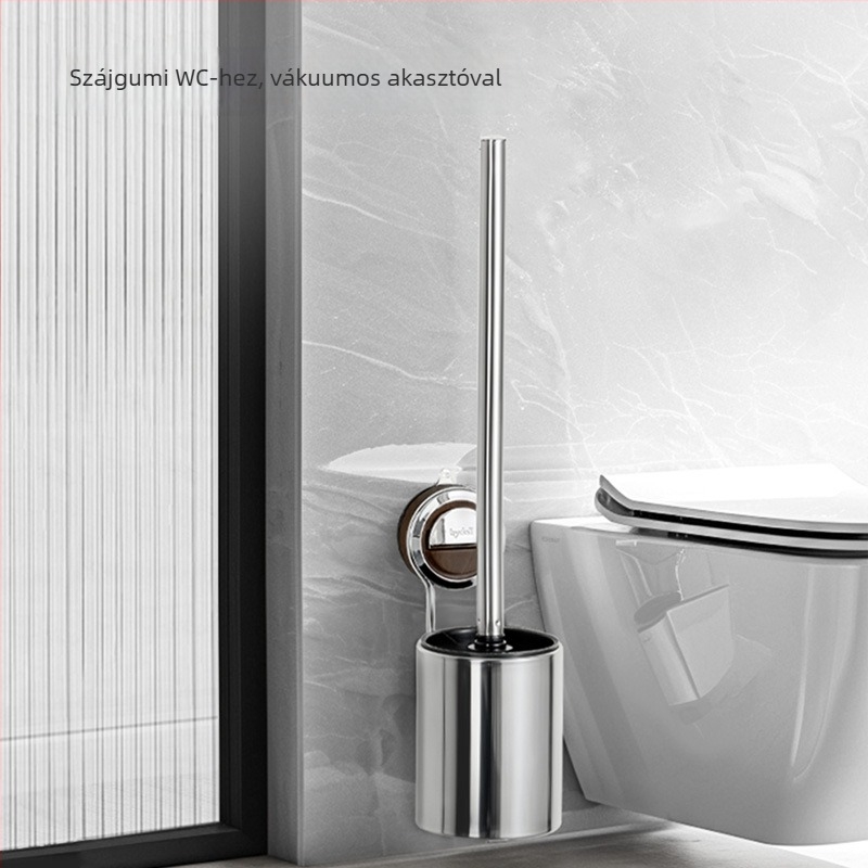 Rozsdamentes acélból készült WC-kefe készlet falra szerelhető vákuumos rögzítéssel, hosszú nyéllel (0.3 kg)