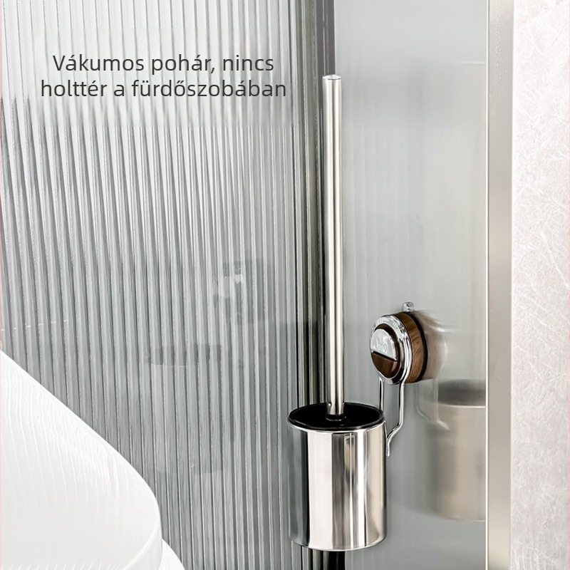 Rozsdamentes acélból készült WC-kefe készlet falra szerelhető vákuumos rögzítéssel, hosszú nyéllel (0.3 kg)