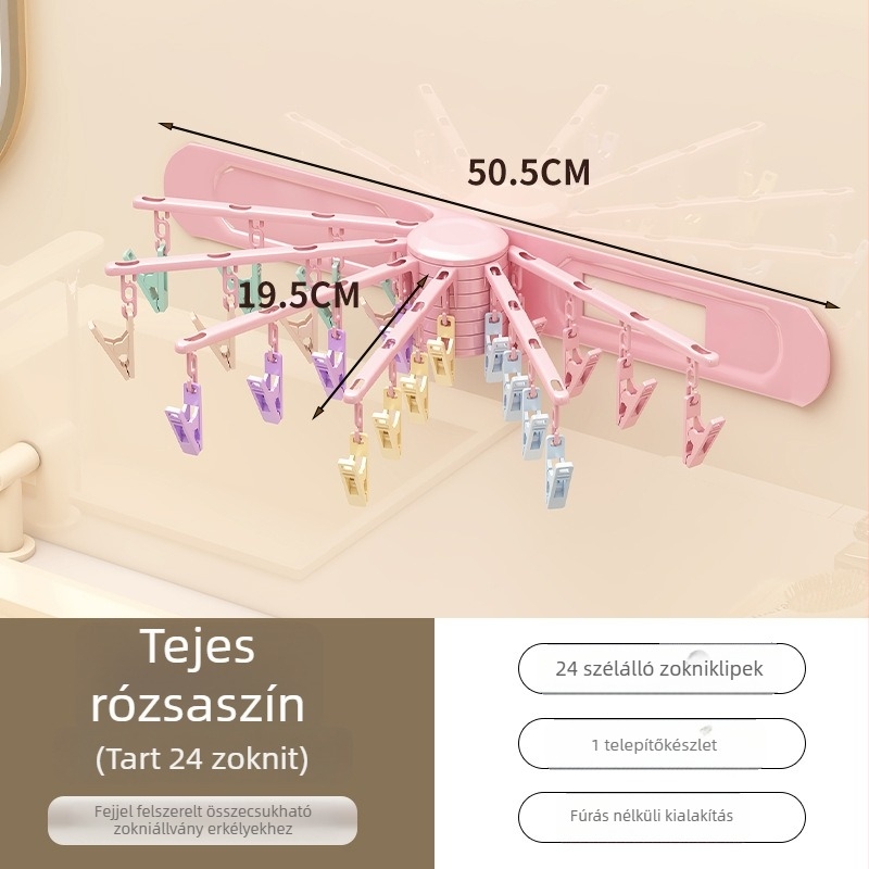 Forgó ruhaszárító állvány, 24 klippel, falra szerelhető, műanyagból, zoknik és alsónemű számára