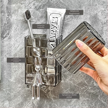 Műanyag falra szerelhető fogkefetartó, lyukasztás nélküli telepítéshez, a fogkefék és a fogkrém tárolására