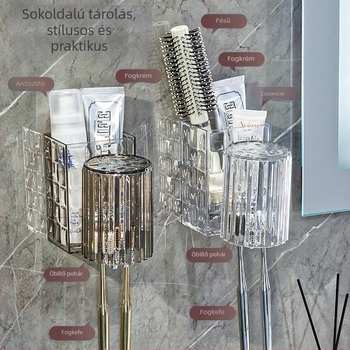 Műanyag falra szerelhető fogkefetartó, lyukasztás nélküli telepítéshez, a fogkefék és a fogkrém tárolására