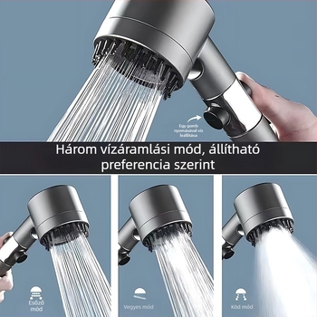 Hordozható zuhanyfej 3 üzemmóddal, növelt nyomás, ABS kerek test, szilikon masszázs kefével