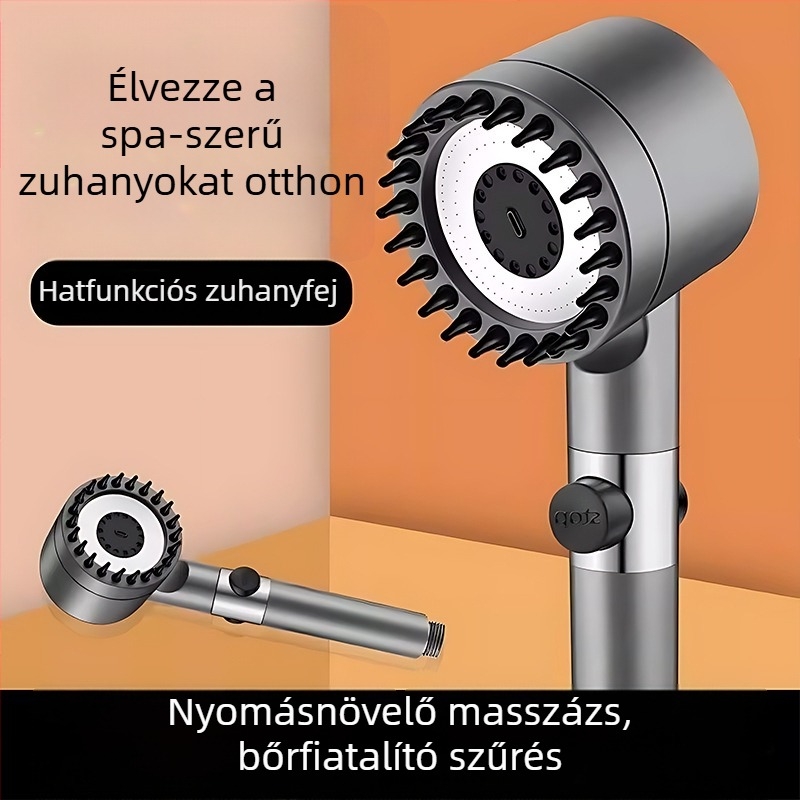 Hordozható zuhanyfej 3 üzemmóddal, növelt nyomás, ABS kerek test, szilikon masszázs kefével