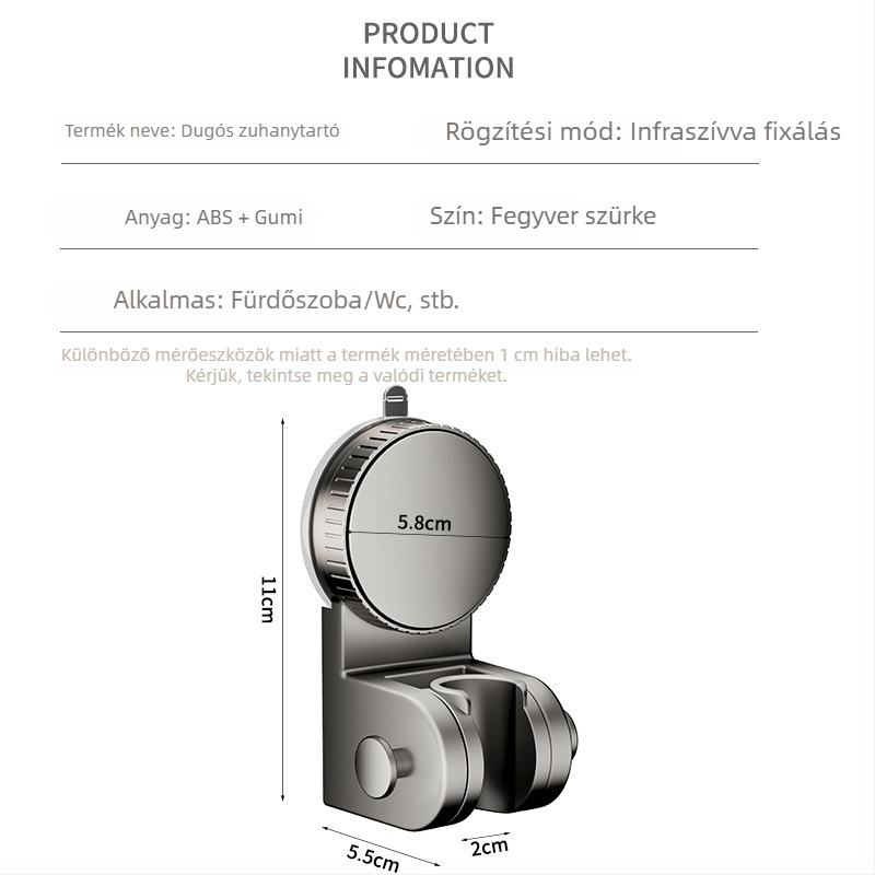 Vákuumos zuhanytartó — fúrás nélküli rögzítés, állítható alap a zuhanyfejhez, műanyag, modell 137